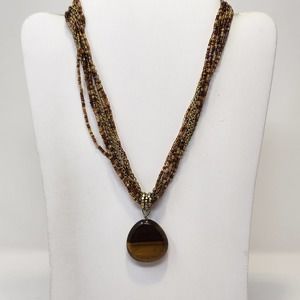 Lia Sophia Multi Strand Beaded Necklace Tigers Eye Stone Pendant Gold Earth Tone